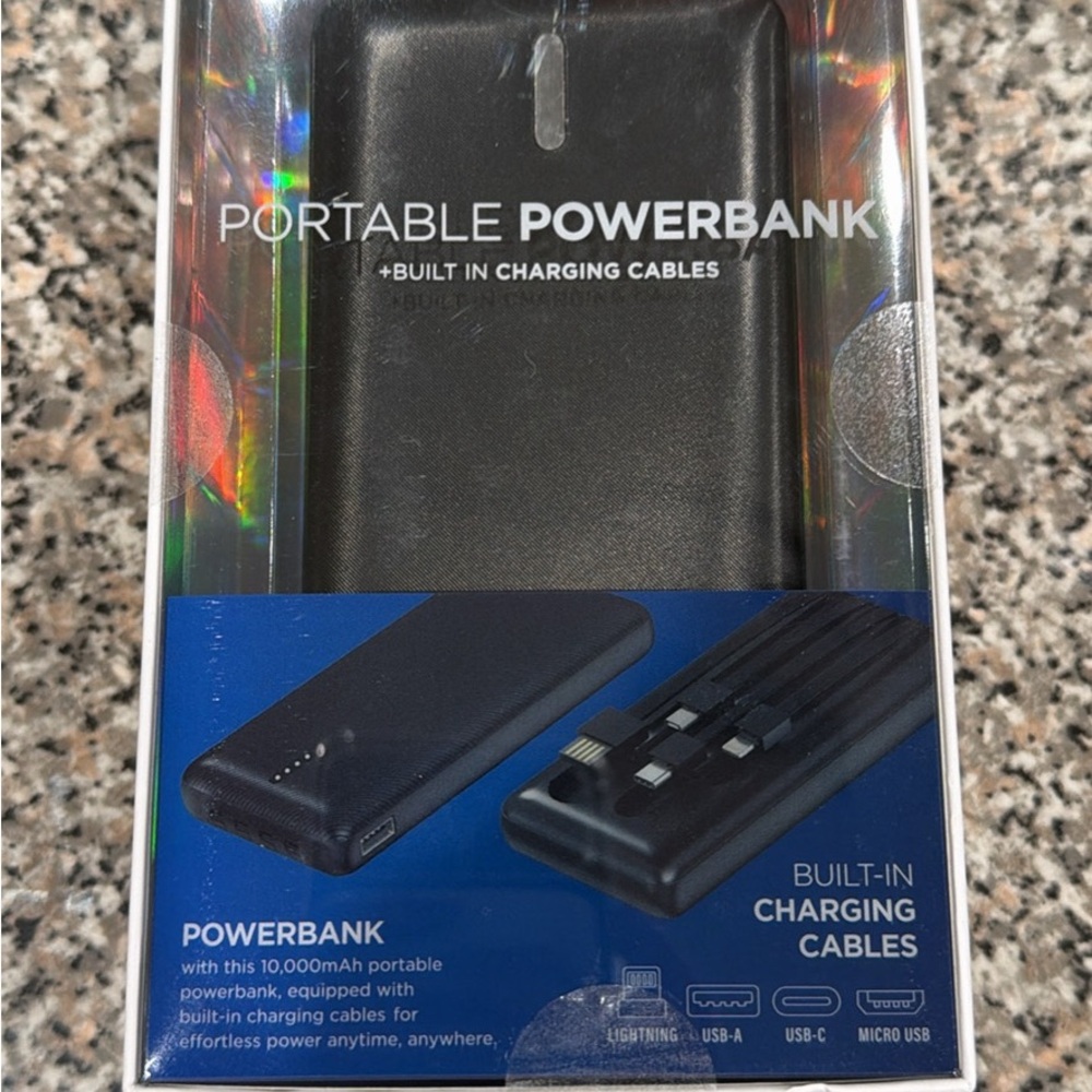Portable Powerbank with Built-In Charging Cables - Black